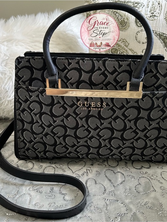 Guess Handbags - NWT GUESS Black & Gray Medium Logo Marva Jacquard Satchel with Gold Accent